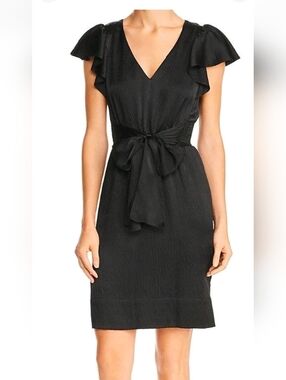 Rebecca Taylor Silk Black V-Neck Tie-Waist Midi Dress